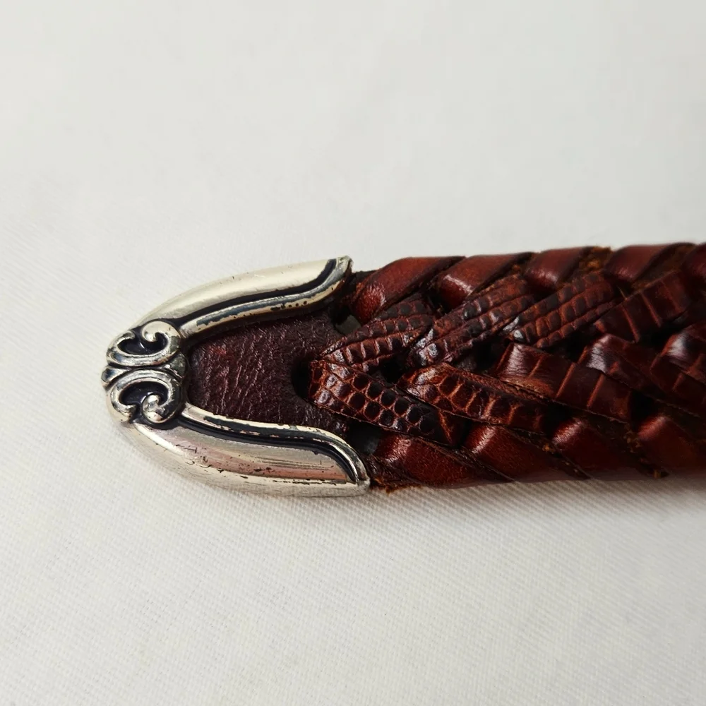 Fossil Brown Braided Leather Western Belt Silver Buckle Small